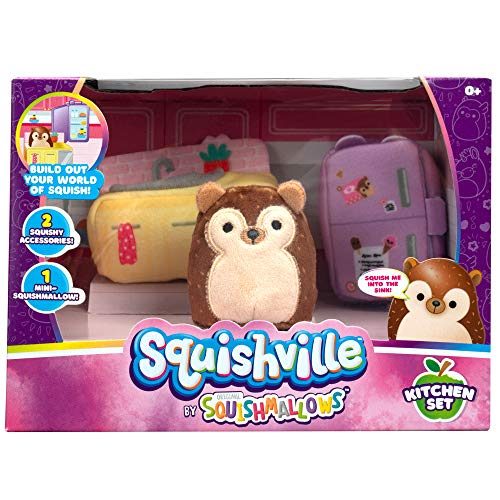Squishville by Squishmallows Mini Plush Room Accessory Set, Kitchen, 2” Hans Soft Mini-Squishmallow and 2 Plush Accessories, Marshmallow-Soft Animals, Kitchen...