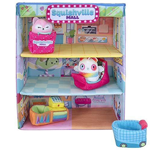 Squishville Squishmallows Mall-Two 2-Inch Mini-Squishmallows Plush Characters,Themed Play Scene,4 Accessories (Shopping Bag,Shopping Cart,Cash Register,Arcade Machine)-Amazon Exclusive,Multi,SQM0161