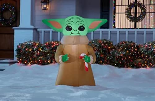 Star Wars Mandalorian Child Yoda with Candy Cane Pre-Lit LED Holiday Inflatable 3.5 ft Christmas