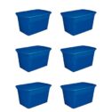 Sterilite 30 Gallon Plastic Stackable Storage Tote Container Box with Latching Lid, Blue (6 Pack)