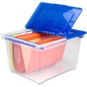 Storex Stackable Heavy-duty File Tote with Steel Rails, Clear/Blue