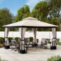 Sunjoy Bloomsbury 10 ft. x 12 ft. Beige and Black Steel Gazebo with 2-tier Hip Roof with Mosquito Netting and...