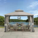 Sunjoy Roberts Outdoor Patio Steel Frame11 x 13 ft. 2-Tier Soft Top Gazebo with Light Gray Canopy Roof, Netting, and...