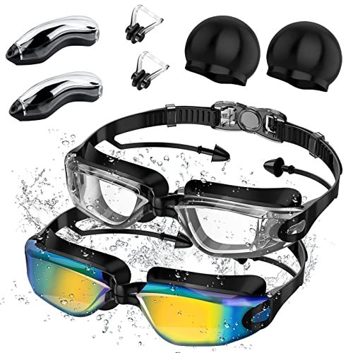 Swim Goggles - Swimming Goggles with Nose Clip + Ear Plugs, Anti Fog for Adult Men Women Youth 2PC