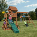 Swing-N-Slide Playful Palace Wooden Backyard Swing Set with Slide, Wood Roof, Swings, and Climbing Wall