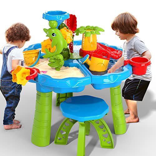 TEMI 3-in-1 Sand Water Table, 28PCS Kids Beach Summer Toys Sandbox Table Outdoor Activity Sensory Play Table with Dolphin Water...