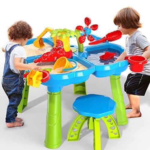 TEMI 4-in-1 Sand Water Table, 32PCS Sandbox Table with Beach Sand Water Toy, Kids Activity Sensory Play Table Summer Outdoor...