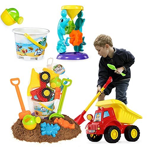 TEMI Beach Sand Toys for 3 4 5 6 7 Year Old Boys w/ Water Wheel, Dump Truck, Bucket, Shovels,...