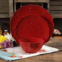 The Pioneer Woman Farmhouse Lace 12-Piece Dinnerware Set, Red