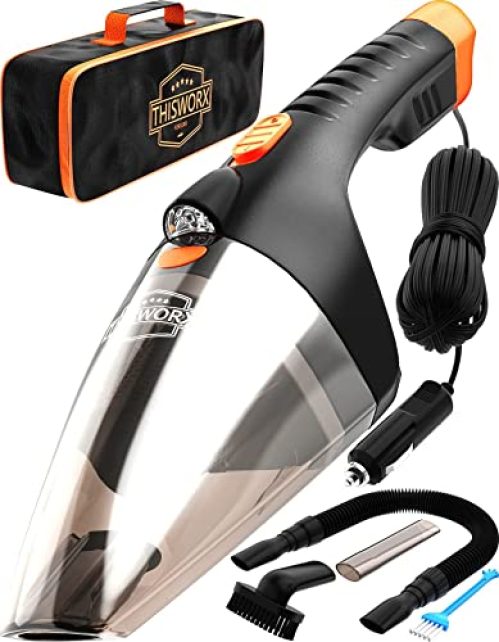 ThisWorx Car Vacuum Cleaner - LED Light, Portable, High Power Handheld Vacuums w/ 3 Attachments, 16 Ft Cord & Bag...