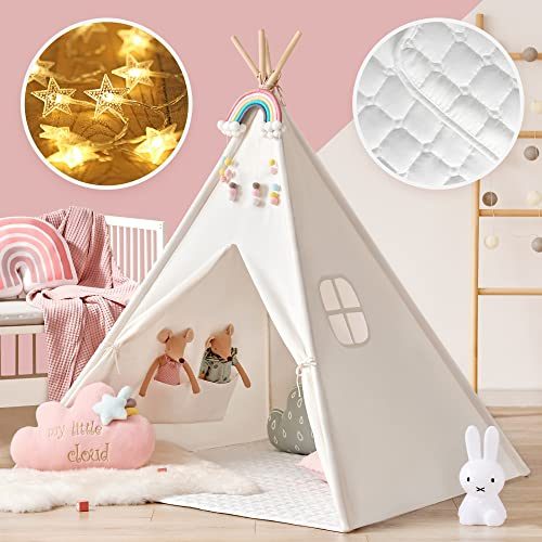 Tiny Land Large Kids Teepee Tent with Padded Mat & Light String & Carry Case-Kids Foldable Play Tent -Toys for...