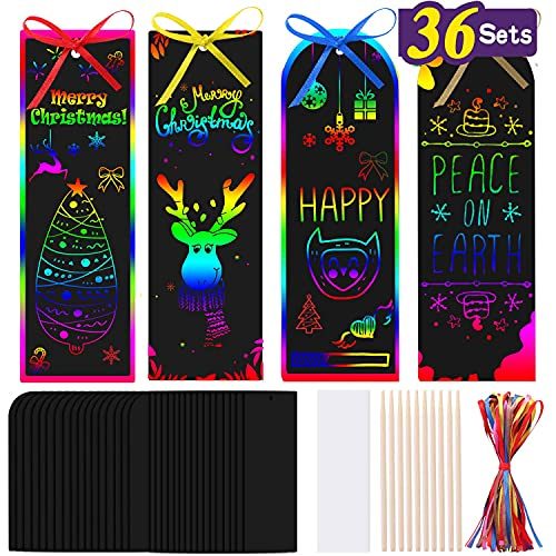 TIPISO Scratch Bookmarks Art Gift Set - 36 PCS Magic Rainbow Scratch Painting Bookmarks, DIY Hang Tags Party Theme Supplies...