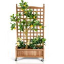 Topbuy 50in Wood Planter Box with Trellis and Wheels Mobile Plant Raised Bed for Indoor&Outdoor