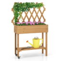 Topbuy Wooden Raised Garden Bed w/ Trellis Storage Shelf Legs Mobile Elevated Planter Box w/ Lockable Wheels Fabric Liner