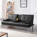 Topeakmart Modern Faux Leather Reclining Futon Sofa Bed with Cupholders and Pillows, Black