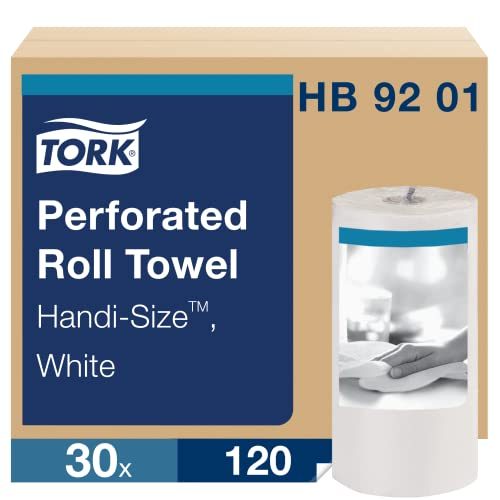 Tork Handi-Size Perforated Paper Towel, White, Universal, 2-Ply, Case of 30 Rolls, 120 per Roll, 3,600 Towels