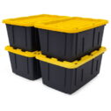 TOUGH BOX 27 Gal Stackable Storage Totes w/ Lids, Black and Yellow (4 pack)