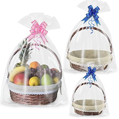 Trebisky Wicker Basket with Cello Wrap, Complete DIY Gift Set include Heat Shrink Cellophane Bags and Ribbons, Empty Basket for...