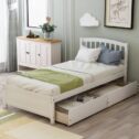 Twin Platform Storage Bed and Headboard for Kids Boys Girls, White Solid Wood Twin Bed Frame with 2 Drawers, Easy...