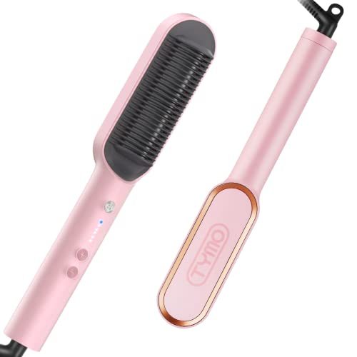 TYMO Ring Pink Hair Straightener Brush – Hair Straightening Iron with Built-in Comb, 20s Fast Heating & 5 Temp Settings...