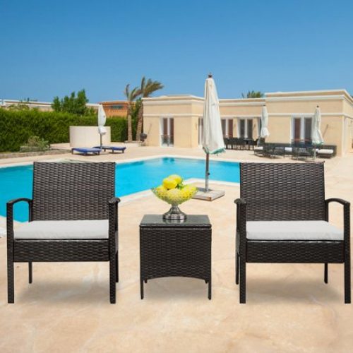 uhomepro 3 Pieces Patio Furniture Set, Brown PE Rattan Wicker Outdoor Sofa Bistro Set with Cushion and Coffee Table, Patio...