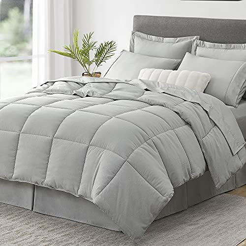 Umchord Grey Queen Comforter Set, 8 Pieces Bed in a Bag, Cationic Dyeing Bedding Sets, Lightweight All Season Down Alternative...
