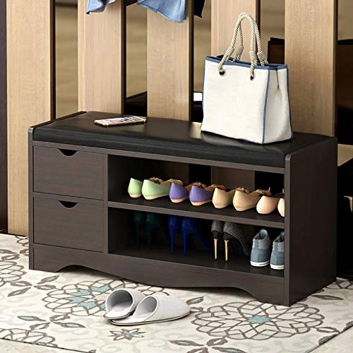 [US Fast Shipment} Shoe Storage Bench, 2 Tiers Wooden Shoe Rack Organiser with 2 Drawers Storage Stool for Hallway Bedroom...