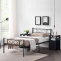 VECELO 3-piece Bedroom Set, Metal Platform Bed Frame, Nightstand with Cabinet Door