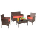 Vineego 4 Pieces Outdoor Patio Furniture Sets Conversation Sets Rattan Chair Wicker Sets with Cushioned Tempered Glass, Red