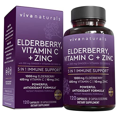 Viva Naturals Elderberry, Vitamin C, Zinc, Vitamin D3 5000 IU & Ginger - Antioxidant & Immune Support Supplement, 2 Month...