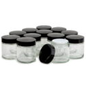 Vivaplex, 12, Clear, 4 oz Round Glass Jars, with Inner Liners and Black Lids