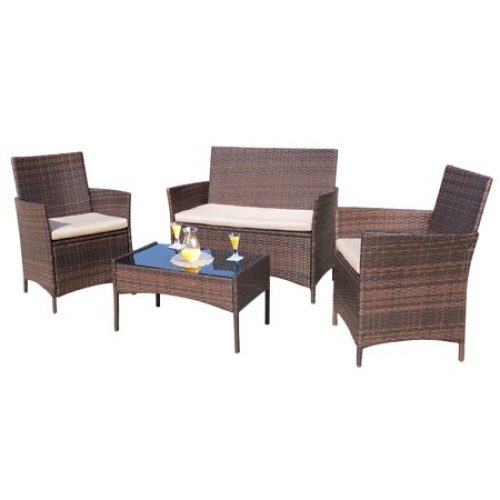 Walnew 4 PCS Outdoor Patio Conversation Furniture Sets with Cushioned Tempered Glass (Beige)
