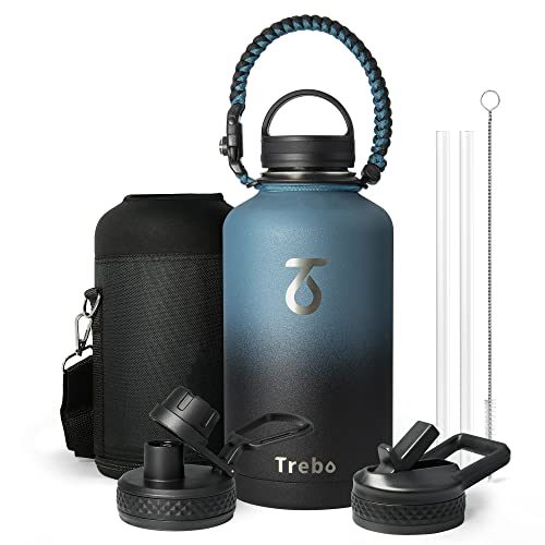 Water Bottle 64oz with Paracord Handle, Trebo Half Gallon Food-grade Double Wall Vacuum Stainless Steel Insulated Jug with Straw Spout...