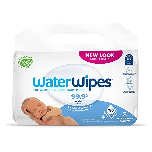 WaterWipes Biodegradable Original Baby Wipes, 99.9% Water Based Wipes, Unscented & Hypoallergenic for Sensitive Skin, 180 Count (3 packs), Packaging May...