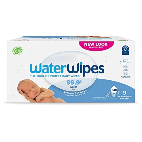 WaterWipes Biodegradable Original Baby Wipes, 99.9% Water Based Wipes, Unscented & Hypoallergenic for Sensitive Skin, 540 Count (9 packs), Packaging May...