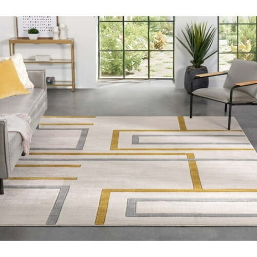 Well Woven Fiora Gold Modern Geometric Stripes & Boxes Pattern Area Rug