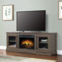 Whalen Furniture Quantum Flame Media Fireplace TV Stand for TV’s up to 75”, Walnut Brown Finish