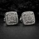 White Gold 925 Sterling Silver Hip Hop 3D Square Cube Cluster Mens Stud Earrings
