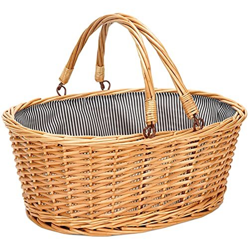 Wicker Picnic Basket with Double Folding Handles, Natural Willow Hamper Empty Basket Cheap Easter Eggs Candy Storage Wine Basket for...