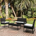 Wicker Patio Sets on Clearance, 4 Piece Outdoor Conversation Set with Wicker Chairs, Glass Dining Table, Loveseat Sofa, Modern PE...