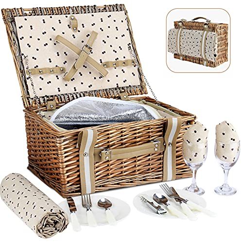 Willow Picnic Basket Set for 2 Persons with Large Insulated Cooler Bag and Waterproof Picnic Blanket,Wicker Picnic Hamper for Camping,Outdoor,Valentine...