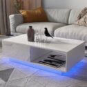 Woodyhome Coffee Table with 2 Drawers LED Center Table, White High Gloss Finish