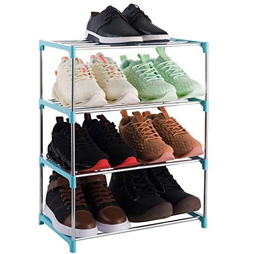 Xerhnan 4-Tier Stackable Small Shoe Rack, Lightweight Shoe Shelf Storage Organizer for Entryway, Hallway and Closet (blue)