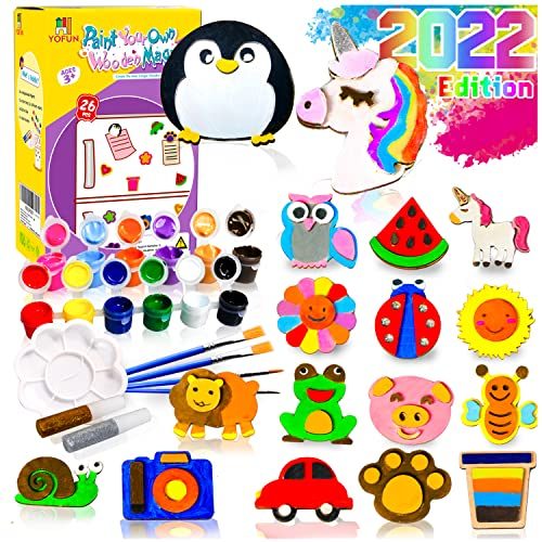 YOFUN Paint Your Own Wooden Magnet - 26 Wood Painting Craft Kit and Art Set for Kids, Art and Craft...