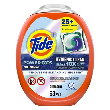 Tide Hygienic Clean Heavy 10x Duty Power Pods, Original, 63 Ct Laundry Detergent Pacs