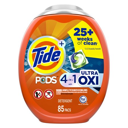 Tide PODS Liquid Laundry Detergent Soap Pacs, 4-n-1 Ultra Oxi, HE Compatible 85 Count, Built in Pre-treater for Stains