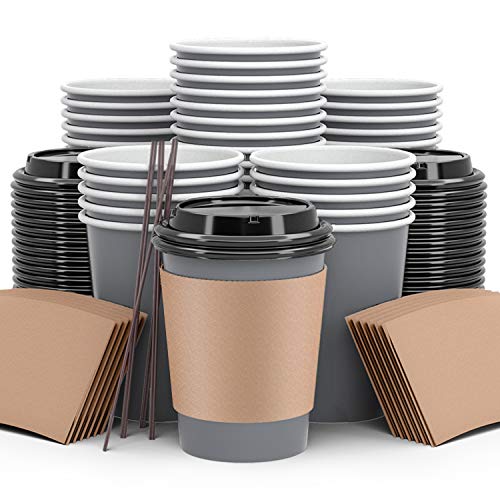 To Go Coffee Cups 120 Pack, Paper Coffee Cups With Lids Straws and Sleeves, Disposable Hot Beverage 12Oz Paper Coffee Cup On Sale At Amazon.com