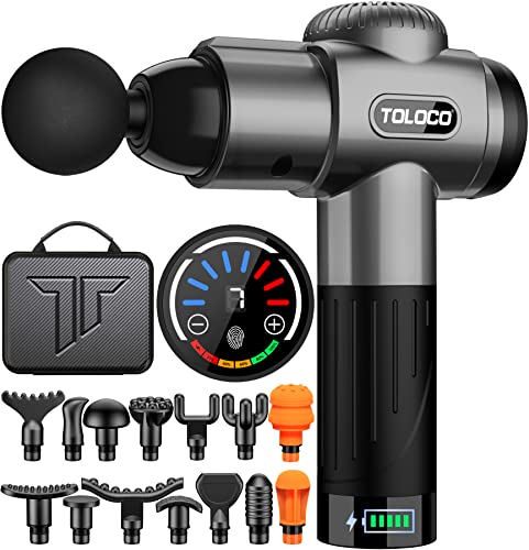 TOLOCO Massage Gun, Muscle Massage Gun Deep Tissue for Athletes, Portable Percussion Massager with 15 Massage Heads, Electric Handheld Body Massager for Any Pain Relief, Grey