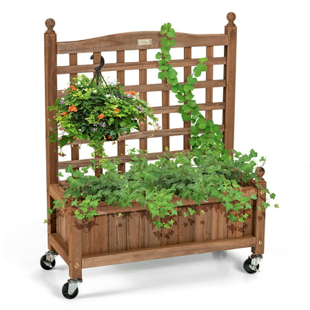 Topbuy 32in Wood Planter Box with Trellis and Wheels Mobile Plant Raised Bed for Indoor&Outdoor