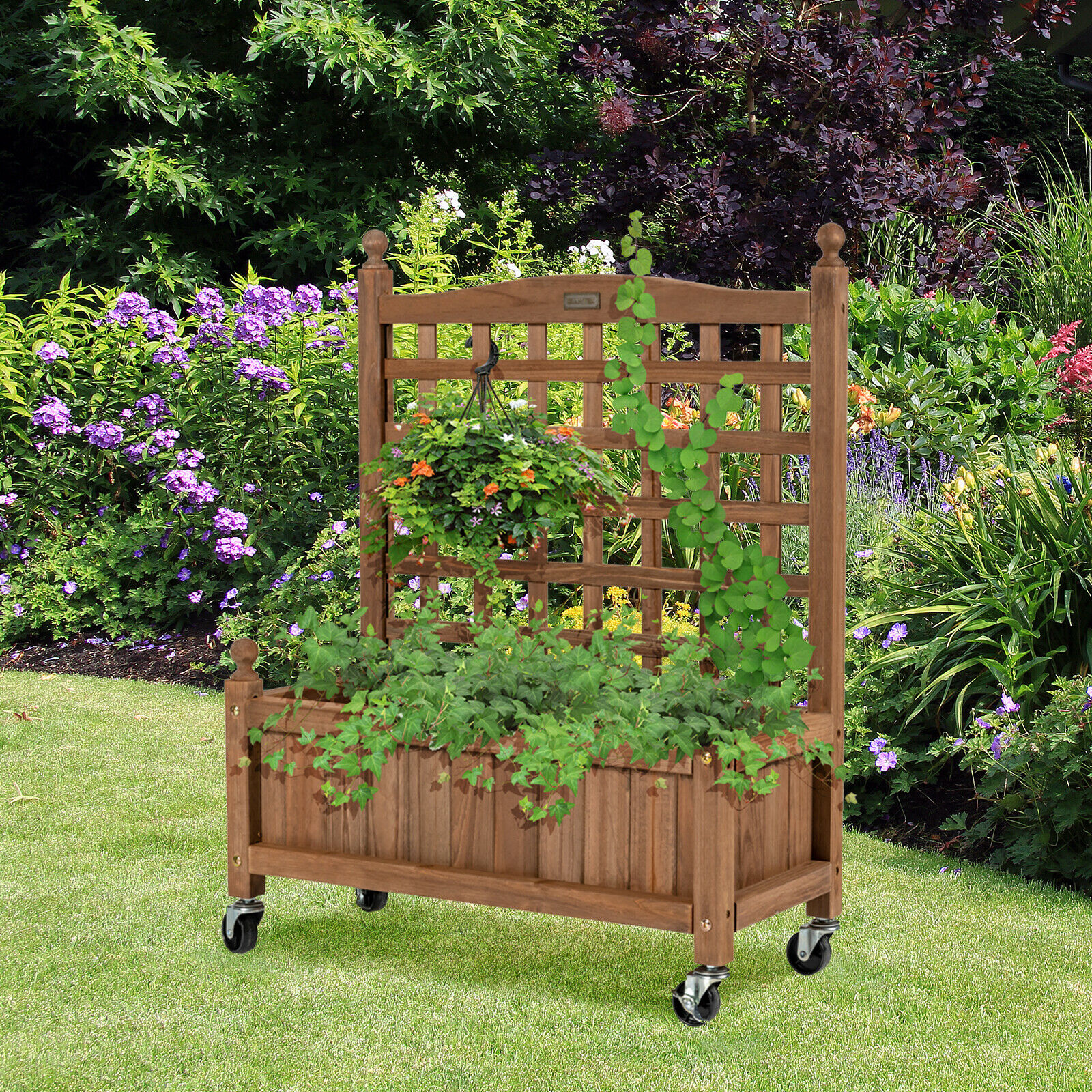 Topbuy 32in Wood Planter Box with Trellis and Wheels Mobile Plant Raised Bed